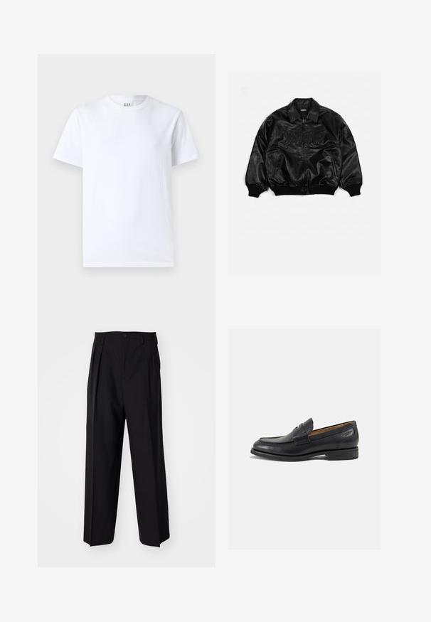 Svart lær bomberjakke med glidelås foran, ribbestrikkede mansjetter og kant, med preget skrift på brystet og sidelommer.; Hvit bomulls T-skjorte med rund hals og korte ermer. Enkelt design uten mønstre eller grafikk, med GAP-merke på kragen.; Sorte plissert bukser med en rett, bred benform. Laget av glatt stoff, med knappelukking og beltehemper.; Sorte lær loafers med en glat overflade, rund tå og dekorativ syning på forfoden. Lav stablet hæl og let glans.