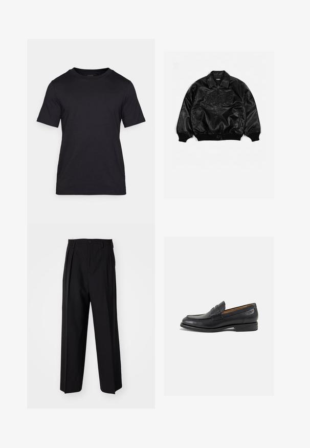 Sort læder bomberjakke med lynlås foran, ribbede manchetter og kant, med præget tekst på brystet og sidelommer.; Sort T-shirt lavet af glat stof, med rund halsudskæring og korte ærmer. Diskret branding trykt i sort på brystet.; Sorte plisserede bukser med et lige, bred ben-design. Fremstillet af glat stof, med en knaplukning og bæltesløjfer.; Sorte læder loafers med en glat finish, rund tå og dekorativ syning på vampen. Lav stablet hæl og let glans.