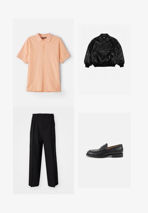 Veste bombardier en cuir noir avec fermeture éclair à l'avant, poignets et ourlet côtelés, présentant une inscription en relief sur la poitrine et des poches latérales.; Polo en pêche en coton. Il présente un col classique, des manches courtes et un logo discret sur la poitrine. Texture douce, design simple.; Pantalons plissés noirs avec un design droit et large. Fabriqués en tissu lisse, avec une fermeture à bouton et des passants de ceinture.; Mocassins en cuir noir avec une finition lisse, bout rond et coutures décoratives sur la tige. Talon bas empilé et léger brillant.