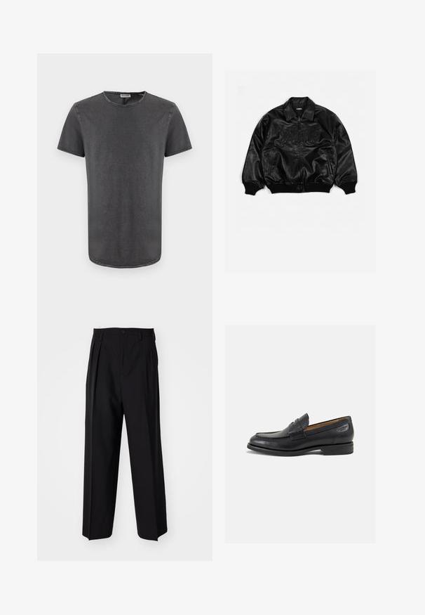 Črna usnjena bomberska jakna z zadrgo spredaj, rebrastimi manšetami in robom, kadrovanje z utisnjenim napisom na prsih in stranskimi žepi.; Siva kratka majica s kratkimi rokavi in okroglim izrezom, narejena iz mehkega blaga, z rahlo ukrivljenim robom in vidnimi šivi.; Črne nabirane hlače s ravnim, širokim krojem. Narejene so iz gladkega materiala in imajo zadrgo ter pasne zanke.; Črne usnjene loafers cipele z gladko površino, zaobljenim nosom in dekorativnim šivom na vampu. Nizek zloženi peti in rahla sijaj.