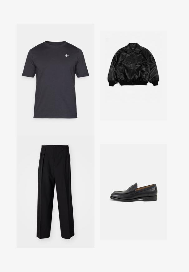 Musta nahkest bomber-jakk, millel on lukuga esikülg, soonikkoes varrukad ja alläär, ning millel on esitooted ja küljetaskud, millel on embossed kiri rinnal.; Lühikeste varrukatega, ümar kaelus t-särk tumhallis värvuses, valmistatud pehmest puuvillast, millel on vasakul rinnal väike valge logo. Lihtne disain, ilma mustriteta.; Mustad volditud püksid sirge ja laia säärega disainiga. Valmistatud siledast kangast, millel on nuppudega sulgemine ja vööaasad.; Mustad mustad nahast loafers, sujuva viimistlusega, ümar sirge ja dekoratiivne tikand peal. Madal ja kergelt kuhjatud konts ning kerge läige.