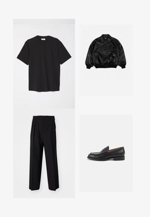 Zwarte leren bomberjack met een ritssluiting aan de voorkant, geribbelde manchetten en onderkant, met reliëfletters op de borst en zijzakken.; Zwarte katoenen t-shirt met een ronde hals, korte mouwen en een ontspannen pasvorm. Eenvoudig ontwerp, gladde textuur en geen zichtbare patronen of logo's.; Zwarte geplooide broeken met een rechte, brede pijpontwerp. Gemaakt van soepele stof, met een knoopsluiting en riemlussen.; Zwarte leren loafers met een gladde afwerking, ronde neus en decoratieve stiksels op de wreef. Lage gestapelde hak en een lichte glans.