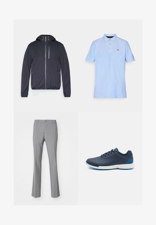 Casaco preto com capuz, fecho éclair à frente, bolsos laterais e uma cintura elástica. Apresenta detalhes em laranja contrastantes e uma textura suave.; Polo azul claro feito de um tecido suave, com um colarinho clássico, três botões e um logotipo preto no peito e na manga.; Calças cinzas com um design de perna reta, apresentando um fecho de botão e bolsos laterais. Feitas de um tecido liso com detalhes mínimos.; Sapatos de golfe em azul-marinho com um design elegante, parte superior sintética, meia-sola branca e cravos de borracha azuis. Apresentam perfurações para ventilação.