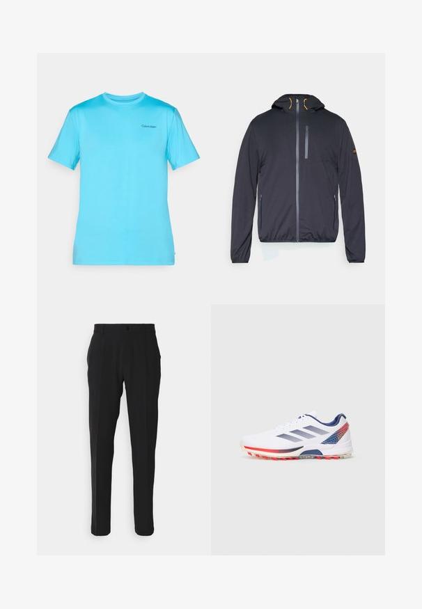 Fekete kapucnis dzseki cipzáros elülső résszel, oldalzsebekkel és rugalmas derékrésszel. Kontrasztos narancssárga részletek és sima textúra jellemzi.; Világoskék, rövid ujjú póló sima anyagból. Kerek nyakkivágással és egy kicsi fekete logóval a mellrészen.; Fekete nadrág egyenes szabású fazonnal, egy elülső zsebbel, övbújtatókkal és gombos záródással. Sima szövet textúra.; Fehér sportcipő tengerészkék csíkokkal, piros és tengerészkék geometrikus sarokdíszítéssel, valamint piros cleat-ekkel a talpon, oldalról bemutatva.