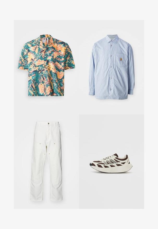 Camisa de botão às riscas em azul claro e branco com detalhes em vermelho. Apresenta um bolso no peito e mangas longas. Feita de um tecido suave.; Camisa de manga curta com um vibrante padrão tropical em verdes, laranjas e amarelos. Gola clássica com botão à frente e um corte descontraído.; Calças cargo brancas em algodão com um corte descontraído. As características incluem bolsos frontais, detalhes em metal dourado e áreas de joelhos reforçadas.; Sapatilhas castanhas e creme com parte superior em malha, sobreposições texturizadas e uma sola branca espessa e arredondada. Apresenta uma língua de baixo perfil e atacadores.