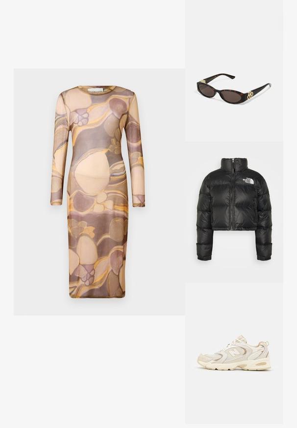 Melna saīsināta pūkaina jaka ar augstu apkakli, ar rāvējslēdzēju priekšā un baltu logo uz krūtīm. Iekļauj iešūtas daļas un elastīgas aproces.; Garās piedurknes, pieguļošs kleitas modelis, izgatavots no caurspīdīga, viegla auduma ar abstraktu rakstu bēša, brūnas un zelta toņos.; Bēši sporta apavi ar sietu un sintētiskām pārklājumiem, ar teksturētu virsmu, mīkstu apkaklīti un "ABZORB" amortizāciju papēdī.; Tīģerbrūnā sauļošanās brillēm ar izstieptām ovālām lēcām, brūnu tonējumu, zeltītiem logotipa akcentiem uz tempļiem un plānām melnām kājām.