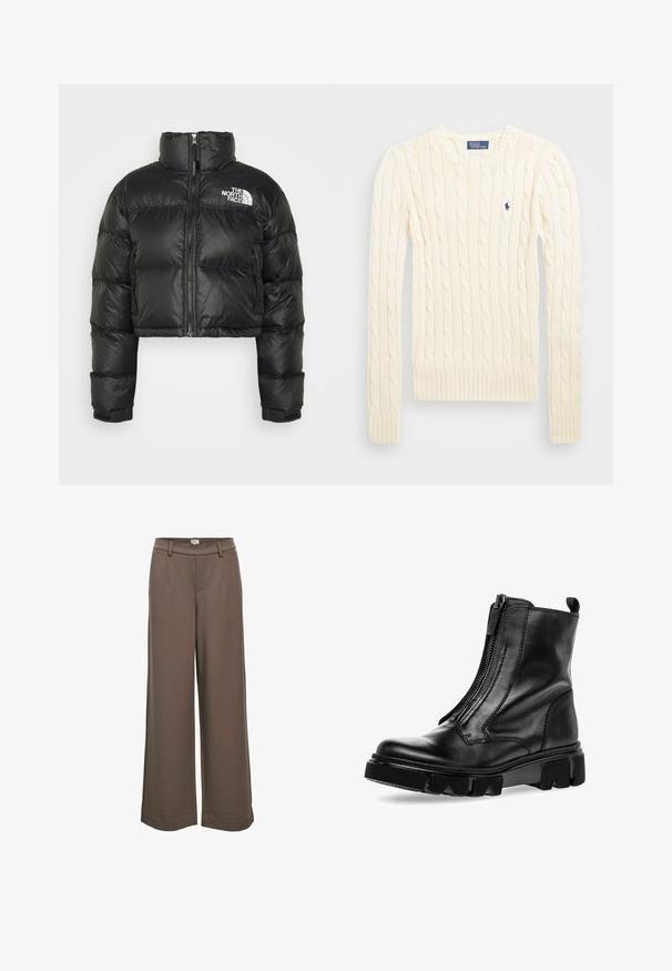 Schwarze, kurz geschnittene Pufferjacke mit hohem Kragen, Reißverschluss und weißem Logo auf der Brust. Sie hat gepolsterte Abschnitte und elastische Bündchen.; Cremefarbener kabelgehäkelter Pullover mit langen Ärmeln, gerippten Bündchen und Saum, mit einem kleinen gestickten Logo auf der linken Brust.; Weite Hosen aus einem weichen, braunen Stoff. Mit hohem Bund, zwei Vorderaschen und einer glatten Textur im lässigen Design.; Schwarze Leder-Stiefelette mit seitlichem Reißverschluss, klobiger Gummisohle und ausgeprägten Grip-Mustern. Verfügt über eine glatte Oberfläche und verstärkte Nahtdetails.