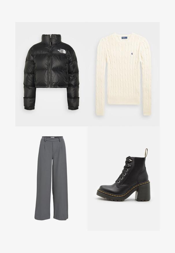 Musthave must päikesevarju jakk mustas värvitoonis, millel on kõrge krae, tõmblukk ja valge logo rinna peal. Omab pehmendatud osi ja elastseid varrukaid.; Kreemivärvi nöörkootud sviiter pikemate varrukatega, soonikvarrukate ja alläärega, millel on vasakul rinnal väike broderi logo.; Heledad püksid heledast hallist kangast, millel on volditud vöökoht, eesolevad voldid ja sile, pehme tekstuur.; Must musta jalaehted, millel on paksad kõrged kontsad, nööpidega ees, metallist silmad ja kollane õmblus tallal. Tekstuuriga kummist välistald.