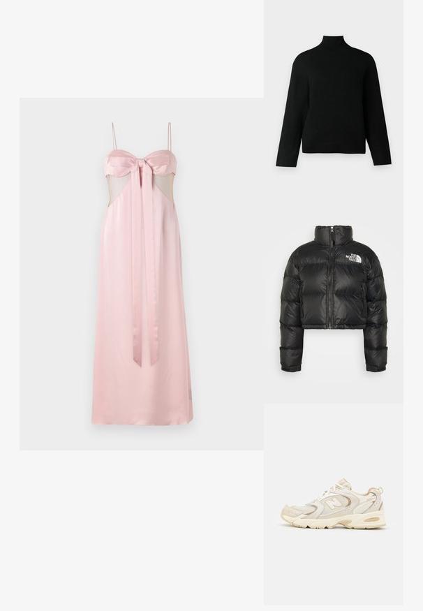 Giacca puffer nera cropped con alto colletto, chiusura frontale con zip e logo bianco sul petto. Presenta sezioni imbottite e polsini elastici.; Maglione a collo alto di colore nero realizzato in morbido tessuto a maglia, con maniche lunghe e una vestibilità comoda. Tessuto liscio senza motivi o dettagli visibili.; Abito di raso rosa con spalline sottili, dettaglio a fiocco sul décolleté e ritagli trasparenti sui lati. Lungo fino al pavimento con una texture liscia.; Scarpe sportive beige con sovrapposizioni in mesh e materiale sintetico, dotate di una superficie testurizzata, colletto imbottito e ammortizzazione "ABZORB" nel tallone.
