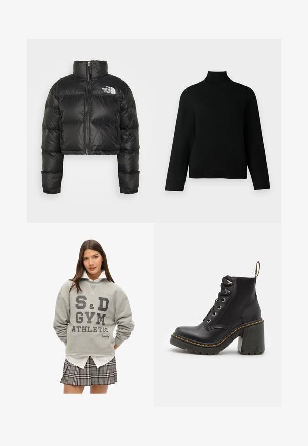 Veste en duvet noire courte avec un col haut, fermeture éclair à l'avant et logo blanc sur la poitrine. Elle comporte des sections rembourrées et des poignets élastiques.; Un pull col roulé noir en tricot doux, doté de manches longues et d'une coupe décontractée. Texture lisse sans motifs ou accents visibles.; Sweatshirt gris avec un graphic "S&D GYM ATHLETIC" en noir, tissu texturé et poignets côtelés, superposé sur une chemise blanche à col et une jupe à carreaux.; Bottine en cuir noir avec un talon haut chunky, un laçage à l'avant, des œillets en métal et une couture jaune le long de la semelle. Semelle en caoutchouc texturé.