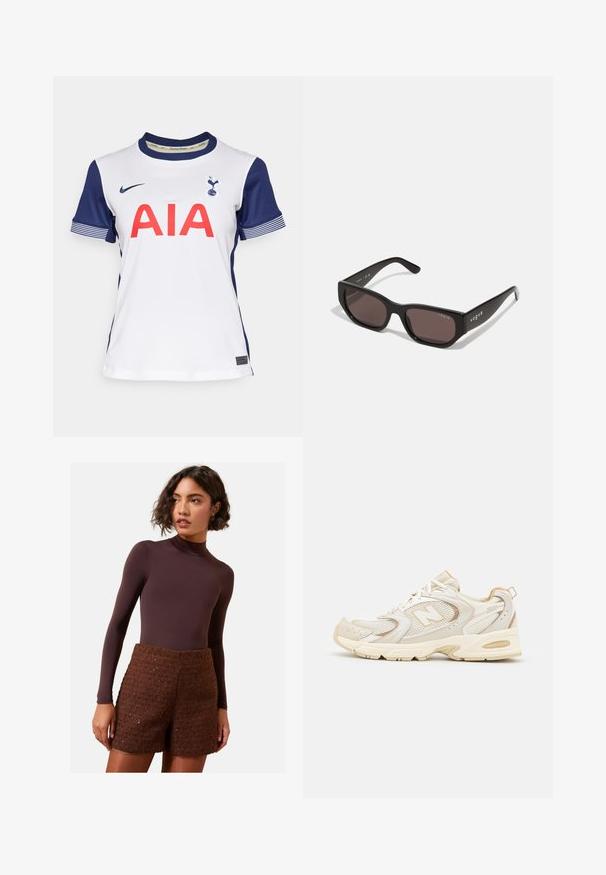 Giacca puffer nera cropped con alto colletto, chiusura frontale con zip e logo bianco sul petto. Presenta sezioni imbottite e polsini elastici.; Maglione a collo alto di colore nero realizzato in morbido tessuto a maglia, con maniche lunghe e una vestibilità comoda. Tessuto liscio senza motivi o dettagli visibili.; Maglietta sportiva bianca con maniche blu navy, con "AIA" in rosso, un logo sul petto e dettagli a strisce sulle maniche. Realizzata in tessuto traspirante.; Body a maniche lunghe marrone abbinato a pantaloni corti in maglia marrone testurizzata. Il body ha un collo alto, mentre i pantaloni corti presentano un design strutturato.; Scarpe sportive beige con sovrapposizioni in mesh e materiale sintetico, dotate di una superficie testurizzata, colletto imbottito e ammortizzazione "ABZORB" nel tallone.; Occhiali da sole rettangolari neri con lenti scure. Presentano una montatura in plastica liscia e un dettaglio del logo sulla tempia. Design pulito e moderno.; Borsa a mano in pelle nera con texture liscia, forma strutturata, hardware dorato, manici superiori e tracolla removibile. Chiusura a patta frontale.