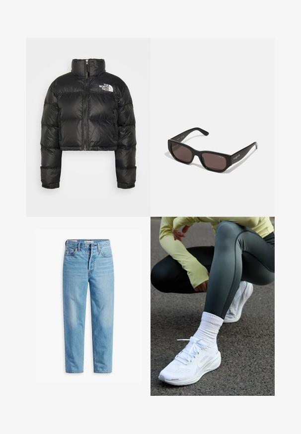 Black cropped puffer jacket with a high collar, zip front closure, and white logo on the chest. Features padded sections and elastic cuffs.; Black turtleneck sweater made of soft knit fabric, featuring long sleeves and a relaxed fit. Smooth texture with no visible patterns or accents.; Light blue denim jeans with a high waist, straight leg cut, five-pocket design, and button fly. Features visible stitching and metal hardware.; White athletic shoes with mesh upper, flat laces, and cushioned sole, paired with dark green leggings and a light yellow long-sleeve top.; Black rectangular sunglasses with dark lenses. Features a smooth plastic frame and logo detail on the temple. Clean, modern design.; Black leather handbag with smooth texture, structured shape, gold hardware, top handles, and removable shoulder strap. Flap closure on front.