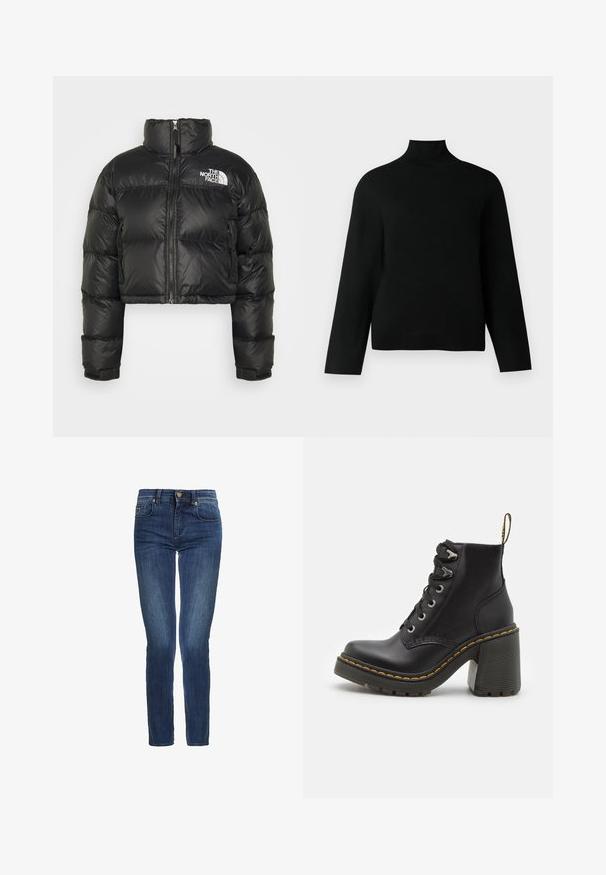 Černá zkrácená vycpaná bunda s vysokým límcem, předním zipem a bílým logem na hrudi. Má polstrované části a elastické manžety.; Černý rolák vyrobený z měkké pleteniny, s dlouhými rukávy a volným střihem. Hladký povrch bez viditelných vzorů nebo akcentů.; Tmavě modré úzké džíny s předními kapsami, poutky na opasek a zapínáním na knoflík.; Černé kožené kotníkové boty s robustním vysokým podpatkem, šněrováním vpředu, kovovými očky a žlutým prošíváním podél podrážky. Texturovaná gumová podrážka.