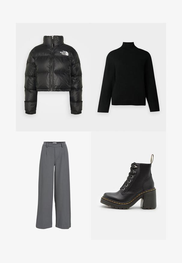 Black cropped puffer jacket with a high collar, zip front closure, and white logo on the chest. Features padded sections and elastic cuffs.; Black turtleneck sweater made of soft knit fabric, featuring long sleeves and a relaxed fit. Smooth texture with no visible patterns or accents.; Wide-leg trousers in light grey fabric, featuring a smocked waistband, front pleats, and a smooth, soft texture.; Black leather ankle boot featuring a chunky high heel, lace-up front, metal eyelets, and yellow stitching along the sole. Textured rubber outsole.