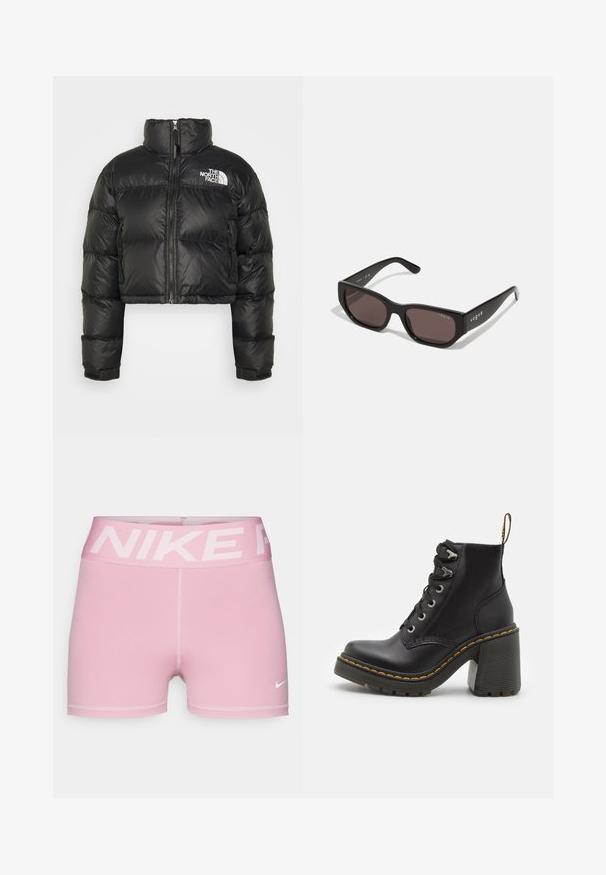 Cazadora acolchada negra y corta con cuello alto, cierre de cremallera en la parte delantera y logo blanco en el pecho. Presenta secciones acolchadas y puños elásticos.; Suéter negro de cuello alto hecho de un suave tejido de punto, con mangas largas y un corte relajado. Textura suave sin patrones o acentos visibles.; Pantalones cortos Nike rosas con una cinturilla ancha de logo, fabricados con un tejido suave. Presentan un diseño ajustado y un distintivo swoosh blanco de Nike.; Botín de cuero negro con tacón alto grueso, parte delantera con cordones, ojales de metal y costura amarilla a lo largo de la suela. Suela exterior de goma texturizada.; Gafas de sol rectangulares negras con lentes oscuros. Cuentan con una montura de plástico suave y detalle del logo en la varilla. Diseño limpio y moderno.
