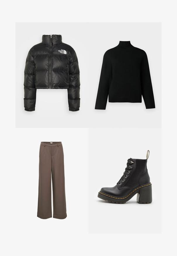 Black cropped puffer jacket with a high collar, zip front closure, and white logo on the chest. Features padded sections and elastic cuffs.; Black turtleneck sweater made of soft knit fabric, featuring long sleeves and a relaxed fit. Smooth texture with no visible patterns or accents.; Wide-leg trousers in a soft, brown fabric. Features a high waistband, two front pockets, and a smooth texture with a casual design.; Black leather ankle boot featuring a chunky high heel, lace-up front, metal eyelets, and yellow stitching along the sole. Textured rubber outsole.