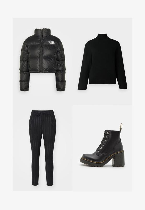 Veste en duvet noire courte avec un col haut, fermeture éclair à l'avant et logo blanc sur la poitrine. Elle comporte des sections rembourrées et des poignets élastiques.; Un pull col roulé noir en tricot doux, doté de manches longues et d'une coupe décontractée. Texture lisse sans motifs ou accents visibles.; Pantalon noir avec des rayures blanches verticales, fabriqué dans un matériau doux, doté d'une taille à cordon et d'une coupe fuselée.; Bottine en cuir noir avec un talon haut chunky, un laçage à l'avant, des œillets en métal et une couture jaune le long de la semelle. Semelle en caoutchouc texturé.