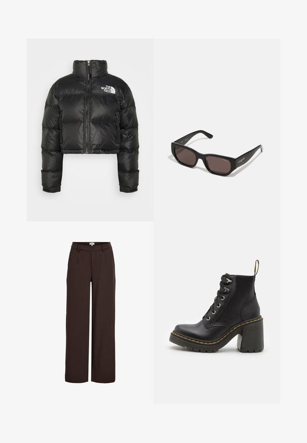 Giacca puffer nera cropped con alto colletto, chiusura frontale con zip e logo bianco sul petto. Presenta sezioni imbottite e polsini elastici.; Maglione a collo alto di colore nero realizzato in morbido tessuto a maglia, con maniche lunghe e una vestibilità comoda. Tessuto liscio senza motivi o dettagli visibili.; Object OBJLISA WIDE - Pantaloni - java; Stivaletto in pelle nera con tacco alto chunky, lacci frontali, occhielli in metallo e cuciture gialle lungo la suola. Suola in gomma testurizzata.; Occhiali da sole rettangolari neri con lenti scure. Presentano una montatura in plastica liscia e un dettaglio del logo sulla tempia. Design pulito e moderno.