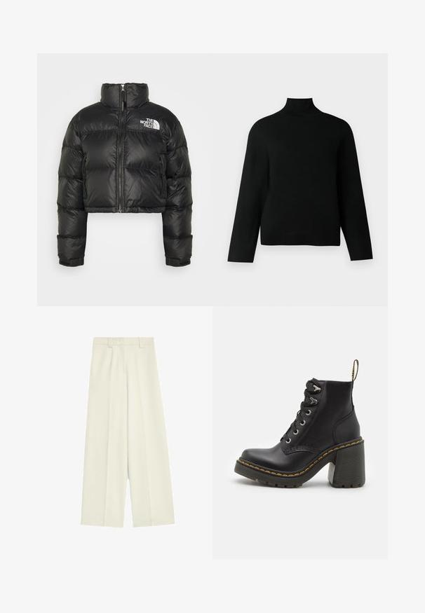 Veste en duvet noire courte avec un col haut, fermeture éclair à l'avant et logo blanc sur la poitrine. Elle comporte des sections rembourrées et des poignets élastiques.; Un pull col roulé noir en tricot doux, doté de manches longues et d'une coupe décontractée. Texture lisse sans motifs ou accents visibles.; Pantalons larges en tissu blanc cassé, présentant une texture lisse, des plis avant et une coupe droite de la taille à l'ourlet.; Bottine en cuir noir avec un talon haut chunky, un laçage à l'avant, des œillets en métal et une couture jaune le long de la semelle. Semelle en caoutchouc texturé.