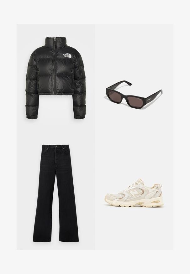Černá zkrácená vycpaná bunda s vysokým límcem, předním zipem a bílým logem na hrudi. Má polstrované části a elastické manžety.; Černý rolák vyrobený z měkké pleteniny, s dlouhými rukávy a volným střihem. Hladký povrch bez viditelných vzorů nebo akcentů.; Černé džínové kalhoty s širokými nohavicemi, vysokým pasem, pětiprvkovým designem kapes a zapínáním na knoflík, s mírně vybledlou texturou.; Béžové sportovní boty s síťovinou a syntetickými vrstvami, mají texturovaný povrch, polstrovaný límec a odpružení "ABZORB" v patě.; Černé obdélníkové sluneční brýle s tmavými skly. Vybaveny hladkým plastovým rámečkem a detailem loga na spánku. Čistý, moderní design.