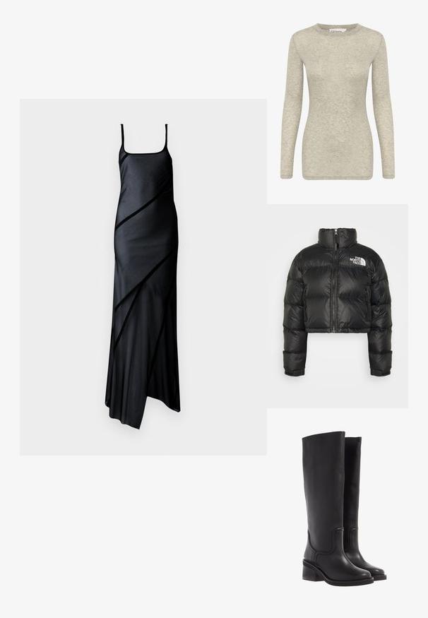 Juodas trumpas pūkinis švarkas su aukštu koloriumi, užtrauktuku priekyje ir baltu logotipu ant krūtinės. Yra paminkštintos dalys ir elastingi rankogaliai.; Ilga rankovė marškinėliai šviesiai pilkos spalvos, pagaminti iš minkštos, tekstūruotos medžiagos. Turintys apvalų iškirpimą ir prigludusią siluetą. Paprastas ir universali dizainas.; Juoda satino suknelė su plonomis petnešėlėmis, turinti įstrižus skydus ir plazdančią sijoną. Lygus paviršius ir minimalizmo dizainas.; Juodi odiniai iki kelių batai su lygiu paviršiumi, apvali nosimi ir storu kulnu. Pasižymi subtiliu siuvinėjimu ir vientisu dizainu.