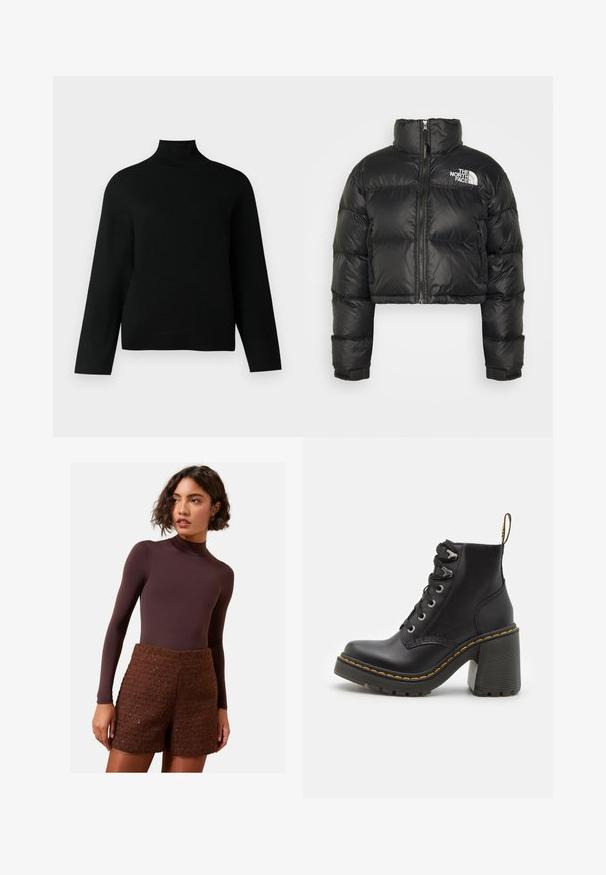 Zwarte cropped pufferjack met een hoge kraag, ritssluiting aan de voorkant en een wit logo op de borst. Bevat gewatteerde delen en elastische manchetten.; Zwarte coltrui van zacht breiwerk, met lange mouwen en een relaxte pasvorm. Gladde textuur zonder zichtbare patronen of accenten.; Bruine lange mouwen bodysuit gecombineerd met getextureerde bruine gebreide shorts. De bodysuit heeft een hoge hals, terwijl de shorts een gestructureerd ontwerp hebben.; Zwarte leren enkelboot met een dikke hoge hak, vetersluiting aan de voorkant, metalen oogjes en gele stiksels langs de zool. Getextureerde rubberen zool.