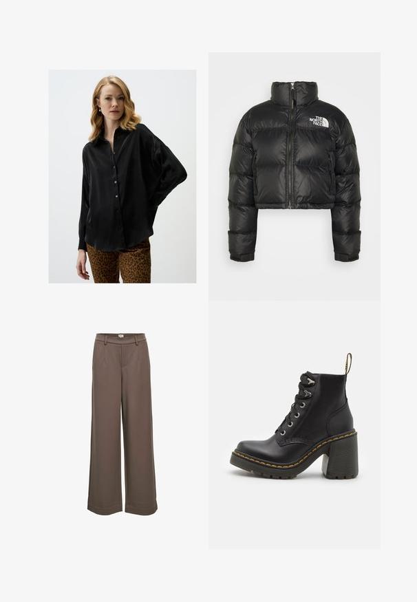 Giacca puffer nera cropped con alto colletto, chiusura frontale con zip e logo bianco sul petto. Presenta sezioni imbottite e polsini elastici.; Blusa nera a maniche lunghe in tessuto satinato con apertura frontale a bottoni e vestibilità rilassata. Abbinata a pantaloni con stampa animale.; Pantaloni a gamba larga in un morbido tessuto marrone. Presentano un alto punto vita, due tasche frontali e una consistenza liscia con un design casual.; Stivaletto in pelle nera con tacco alto chunky, lacci frontali, occhielli in metallo e cuciture gialle lungo la suola. Suola in gomma testurizzata.