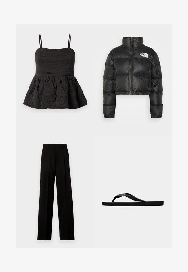 Cazadora acolchada negra y corta con cuello alto, cierre de cremallera en la parte delantera y logo blanco en el pecho. Presenta secciones acolchadas y puños elásticos.; Top peplum negro con tirantes de espagueti ajustables, tejido texturizado con diseño en espiral y dobladillo inferior fruncido para mayor volumen.; Pantalones de pierna ancha negros, confeccionados en una tela suave, con una cintura alta, pliegues frontales y un diseño limpio y estructurado sin adornos.; Chancla de goma negra con una tira de dedo texturizada y una suela plana sencilla, vista de lado sobre un fondo claro y liso.