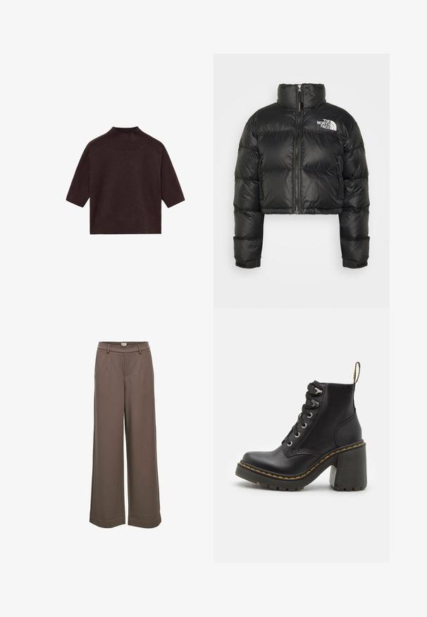 Cazadora acolchada negra y corta con cuello alto, cierre de cremallera en la parte delantera y logo blanco en el pecho. Presenta secciones acolchadas y puños elásticos.; Mango Camiseta básica - brown; Pantalones de pierna ancha en una suave tela marrón. Presentan una cinturilla alta, dos bolsillos frontales y una textura suave con un diseño casual.; Botín de cuero negro con tacón alto grueso, parte delantera con cordones, ojales de metal y costura amarilla a lo largo de la suela. Suela exterior de goma texturizada.