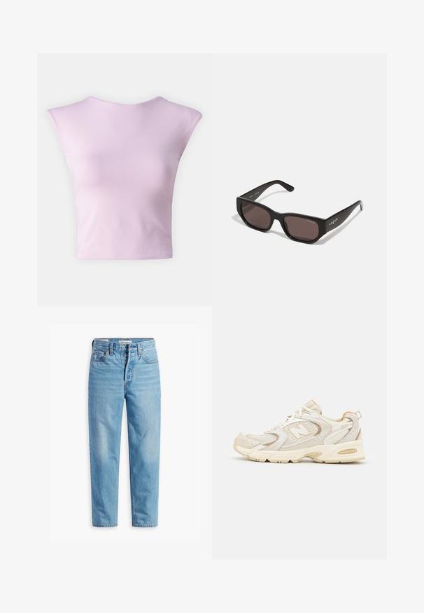 Black cropped puffer jacket with a high collar, zip front closure, and white logo on the chest. Features padded sections and elastic cuffs.; Light pink cropped top featuring a round neckline and cap sleeves, made from smooth, stretchy fabric with a fitted silhouette.; Light blue denim jeans with a high waist, straight leg cut, five-pocket design, and button fly. Features visible stitching and metal hardware.; Beige athletic shoes with mesh and synthetic overlays, featuring a textured surface, padded collar, and "ABZORB" cushioning at the heel.; Black rectangular sunglasses with dark lenses. Features a smooth plastic frame and logo detail on the temple. Clean, modern design.