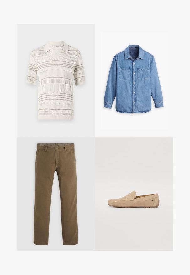 Denimskjorte i lys blå farge, med frontknapplukking, to brystlommer og et mønstret mørkeblå foring. Har krage.; Strikket polo-skjorte med korte ermer i beige med lysebrune horisontale striper. Har kragehals og teksturert mønster gjennom hele.; Khaki bomullbukser med rett ben-design, med knappelukking, to frontlommer og en glatt tekstur.; Jack & Jones JFWJENSEN - Mokkasiner - moonbeam