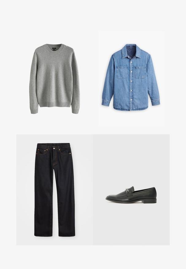 Denim särk helesinise värviga, ees nupuga kinni keeratav, kahe rinnataskuga ja mustrilise tumeda sinise voodriga. Omab kraed.; Halli kudumisjakk, millel on ümar kaelus, soonikkoes mansetid ja äär, pehme tekstuur ja mugav lõige. Pole nähtavaid mustreid ega aktsente.; Meeste sirge jala mustad denim teksad viie taskuga, oranž õmblus, nupu ja tõmblukuga ees nagu vöökoht.; Must haveate nahkking punased, millel on sile viimistlus, tikitud muster ja dekoratiivne metallkett vampi üle. Tasane konts.