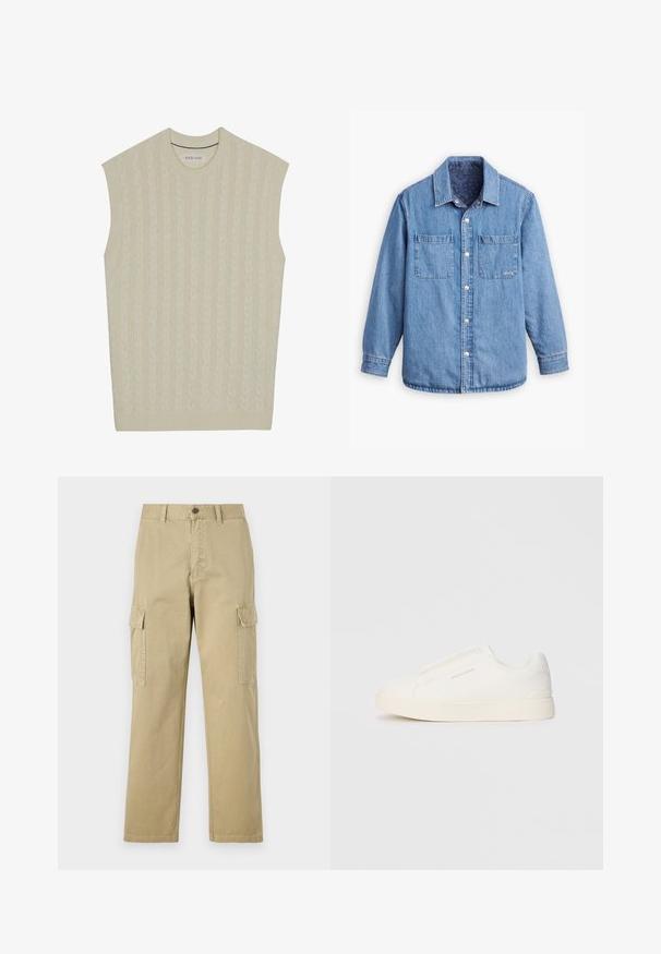 Džínová košeľa svetlomodrej farby, s predným zapínaním na gombíky, dvoma vreckami na hrudi a vzorovanou tmavomodrou podšívkou. Má golier.; Béžový bezrukávový pletený sveter s káblovým vzorom. Má rebrovaný okrúhly výstrih a lem. Mäkká textúra a ľahký dizajn.; Bežové cargo nohavice vyrobené z bavlny, s dvoma bočnými vreckami, zapínaním na gombík a rovným strihom s mierne textúrovanou tkaninou.; Biele slip-on tenisky s textúrovaným povrchom, hrubou podrážkou a minimalistickým dizajnom. Obsahuje logo značky na boku.