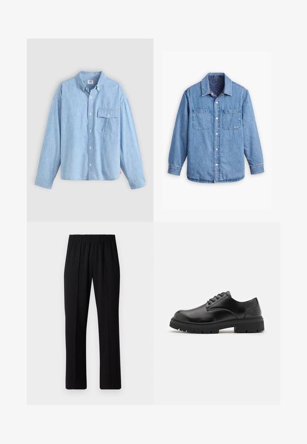 Denim krekls ar gaiši zilu krāsu, priekšējā pogu aizdare, divi krūšu kabatas un rakstaina tumši zila iekšējā oderējuma. Iekļauts apkakle.; Gaiši zilā krāsā pogājama krekls, izgatavots no šambrē auduma. Iekļauj apkakli, garas piedurknes un krūšu kabatu ar atloku un pogu.; Melni elastīgi bikses ar taisnas kājas dizainu, ar gludu tekstūru un bez redzamām zīmēm vai detaļām.; Melnas ādas kurpes ar noapaļotu purngalu, mezglu dizainu un biezu, strukturētu gumijas zoli. Satur šuvju detaļas gar malu un gludu apdari.