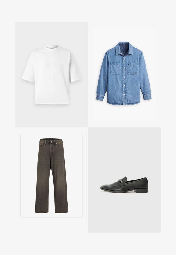 Traper košulja svijetloplave boje, s prednjim kopčanjem na dugmad, dva džepa na prsima i uzorkastim tamnoplavim unutarnjim podstavom. Ima ovratnik.; Bijela majica kratkih rukava od pamuka. Ima klasičan terični ovratnik i opušteni kroj s glatkom teksturom. Bez uzoraka ili ukrasa.; Široke traperice u tamnosivom denimu, s visokim strukom, klasičnim dizajnom s pet džepova i kontrastnim šavovima duž šavova.; Crna kožna loafer cipela s glatkom finišem, s ušivenim uzorkom i dekorativnim metalnim lancem preko prednjeg dijela. Ravni potplat.