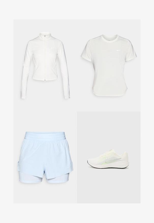 Valge tõmblukuga jakk, mis on valmistatud siledast, elastsetest materjalidest. Omab pikki varrukaid, kõrget krae ja peegeldavaid logofekte rinnal ja varrukatel.; Nike T-särk valgetes toonides, lühikeste varrukatega, ümar kaelus, valmistatud siledast ja kergest kangast. Rinnal on peene logo.; Heledad sinine spordilühik, millel on kihiline disain, elastne vöökoht ja sisemised lühikesed püksid. Vasakus allnurgas on Nike logo.; Nike Performance DOWNSHIFTER 13 - Maanteejooksu jalatsid - sail/silver-coloured photon dust/summit white/barely volt/black