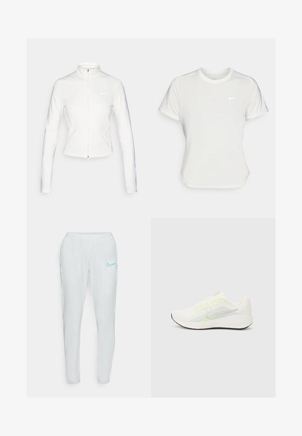 Balta jaku ar rāvējslēdzēju, izgatavota no gludas, elastīgas auduma. Tam ir garas piedurknes, augsts apkakle, un atstarojoši logotipa akcenti uz krūšu daļas un piedurknēm.; Nike t-krekls baltā krāsā, īsām piedurknēm, ar apaļu kakla izgriezumu, izgatavots no gludas, vieglas auduma. Uz krūtīm ir diskreta logo.; Gaisni pelēki sporta bikses ar piegulīgu piegriezumu, elastīgu jostu un akvamarīna zilo Nike logotipu kreisajā augšstilbā. Gluda, stiept spējīga auduma.; Nike Performance DOWNSHIFTER 13 - Apavi skriešanai pa asfaltu - sail/silver-coloured photon dust/summit white/barely volt/black