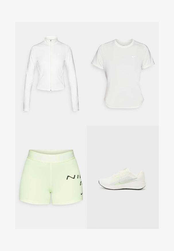 Hvid hættejakke med lynlås lavet af glat, strækbart stof. Har lange ærmer, høj krave og reflekterende logo detaljer på brystet og ærmerne.; Nike T-shirt i hvid, med korte ærmer, rund halsudskæring, lavet af et glat, let stof. Har et diskret logo på brystet.; Lysegrønne sports shorts lavet af strækbart stof, med et bredt taljebånd med "NIKE PRO" tekst og en sort logo accent.; Nike Performance DOWNSHIFTER 13 - Løbesko til landevejen - sail/silver-coloured photon dust/summit white/barely volt/black