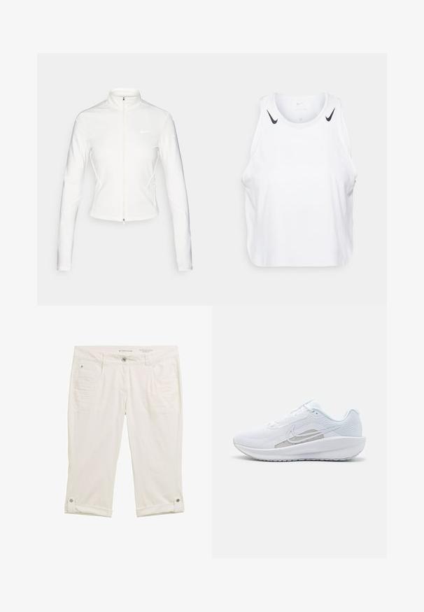 Valkoinen vetoketjullinen takki, joka on valmistettu sileästä ja joustavasta kankaasta. Ominaisuuksiin kuuluvat pitkät hihat, korkea kaulus ja heijastavat logokoristeet rinnassa ja hihoissa.; Valkoinen hihaton t-paita kevyestä kankaasta, jossa on mustat Nike-logo-yksityiskohdat olkapäillä, pyöreä pääntie ja rento istuvuus.; Valkoiset, 3/4-pituiset housut, joissa on hieman teksturoitu kangas. Ominaisuuksiin kuuluvat etutaskut, nappikiinnitys sekä rullatut lahkeet, jotka on kiinnitetty neppareilla.; Valkoinen urheilujalkine, jossa on verkkomateriaali ylhäällä, pyöreä varvas ja teksturoitu pohja. Varustettu hopeisella Nike-ikkunalla ja minimalistisella muotoilulla.