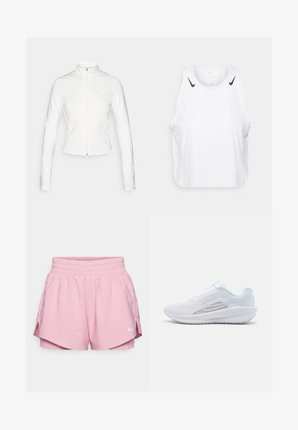 Vit zip-up jacka gjord av slät, stretchig tyg. Har lång ärm, hög krage och reflekterande logodetaljer på bröstet och ärmarna.; Vit ärmlös linne gjord av lättviktig tyg, med svarta Nike-logotypdetaljer på axlarna, rund halsringning och avslappnad passform.; Nike Performance ONE - Dubbla shorts - elemental pink/reflective silver; Vit sportskor med övre del av mesh, rund tå och texturerad sula. Har en silverfärgad Nike swoosh och en minimalistisk design.