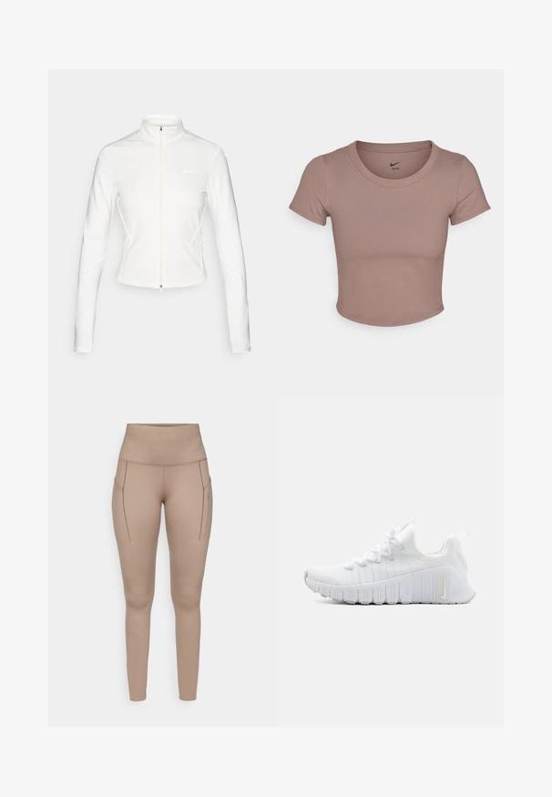 Jachetă albă cu fermoar, fabricată dintr-un material neted și elastic. Dispune de mâneci lungi, guler înalt și accente reflectorizante cu logo pe piept și mâneci.; Tricou scurt maro, confecționat dintr-un material neted, cu decolteu rotund și mâneci scurte. Logo-ul Nike imprimat pe interiorul gulerului.; Tighturi atletice bej cu talie înaltă, având două buzunare laterale și un material neted, elastic. Detaliu subtil al logo-ului în gri.; Pantofii sport albi cu un upper texturat, închidere cu șireturi plate și o talpă din cauciuc proeminentă cu striuri verticale. Prezintă un logo pe lateral.
