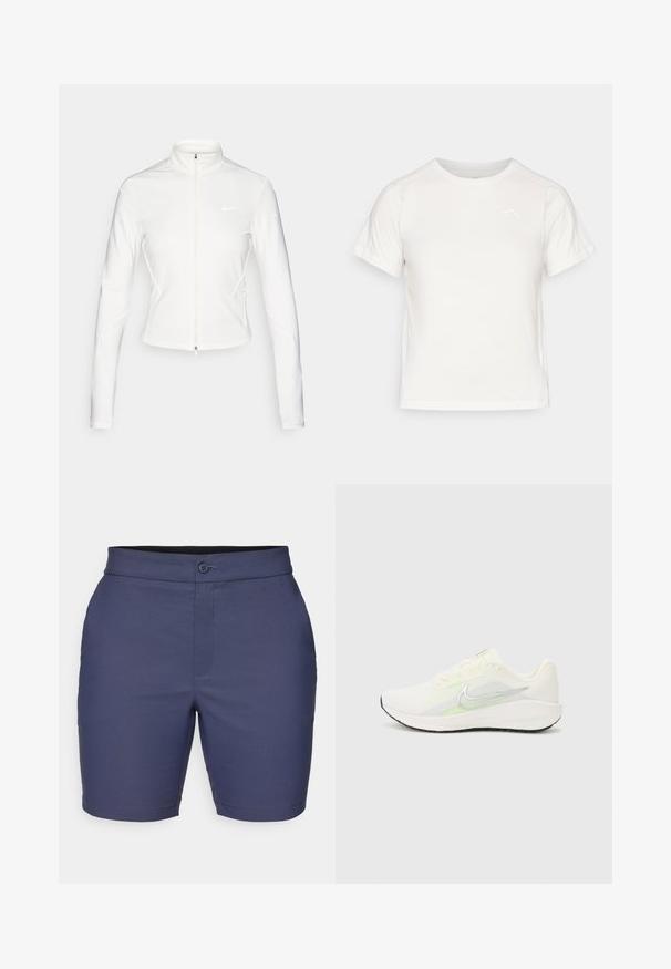 Hvit zip-up jakke laget av glatt, stretchy stoff. Har lange ermer, høy krage og reflekterende logo-detaljer på brystet og ermene.; Lett, hvit T-skjorte med korte ermer, rund hals, og en liten logo i øvre venstre hjørne. Glatt stoff med en subtil glans.; Mørkeblå shorts laget av glatt stoff, med knappelukking, beltehemper og en skreddersydd passform med en ren kant.; Nike Performance DOWNSHIFTER 13 - Løpesko for vei - sail/silver-coloured photon dust/summit white/barely volt/black