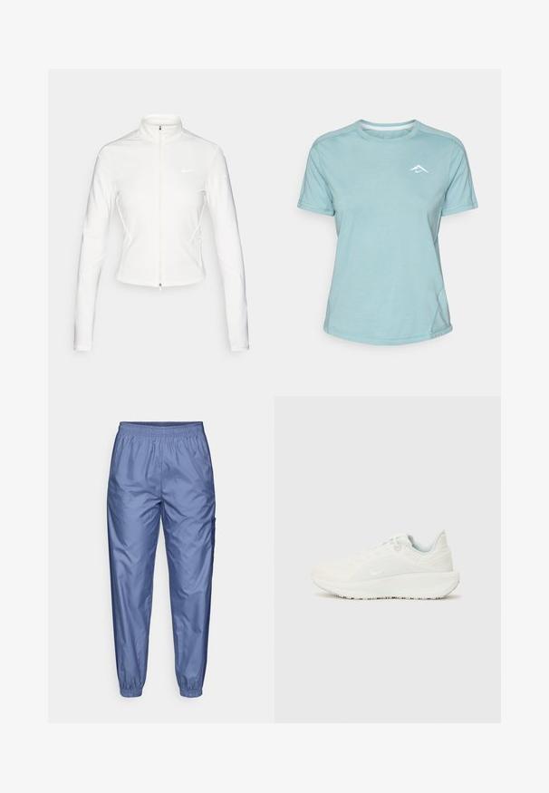 Biała kurtka z zamkiem błyskawicznym, wykonana z gładkiego, elastycznego materiału. Posiada długie rękawy, wysoki kołnierz oraz odblaskowe akcenty z logo na klatce piersiowej i rękawach.; Jasnoniebieska koszulka z krótkim rękawem, wykonana z miękkiego materiału, z okrągłym dekoltem i małym białym logo na piersi. Widoczne przeszycia.; Jasnoniebieskie, błyszczące spodnie sportowe z elastycznym paskiem, zwężającymi się nogawkami i boczną kieszenią na cargo; wykonane z gładkiego, lekkiego materiału.; Białe buty sportowe z teksturowaną cholewką, wyściełanym kołnierzem i zapięciem na sznurówki. Wyposażone w zakrzywioną podeszwę i subtelne oznakowanie po bokach.