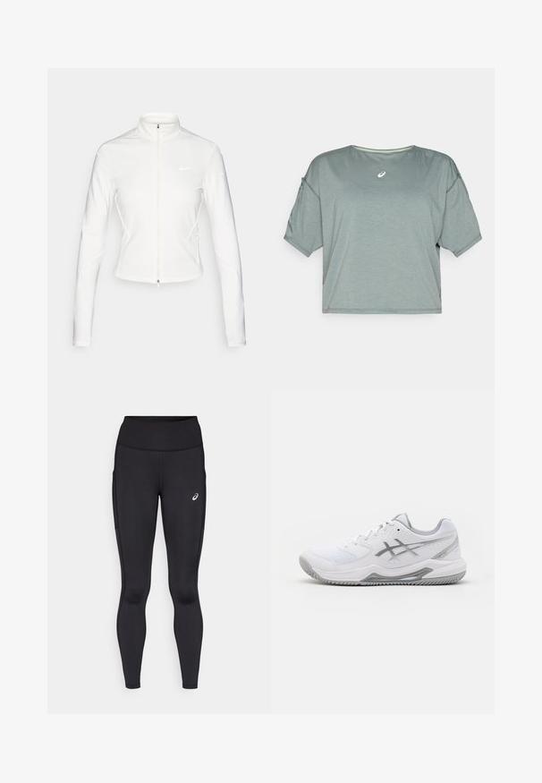 Fehér cipzáras dzseki sima, rugalmas anyagból. Hosszú ujjak, magas gallér és fényvisszaverő logó részletek találhatók a mellkason és az ujjakon.; ASICS NAGINO RUN TOP - Sportfelső - monument blue; Fekete leggings, magas derékkal, sima, rugalmas anyagból készült. Finom logó található a combon és oldzsebek.; A fehér sportcipő hálós felsőrésszel, ezüst kiegészítőkkel, texturált szintetikus borítással és cikkcakk mintázatú gumitalppal rendelkezik.