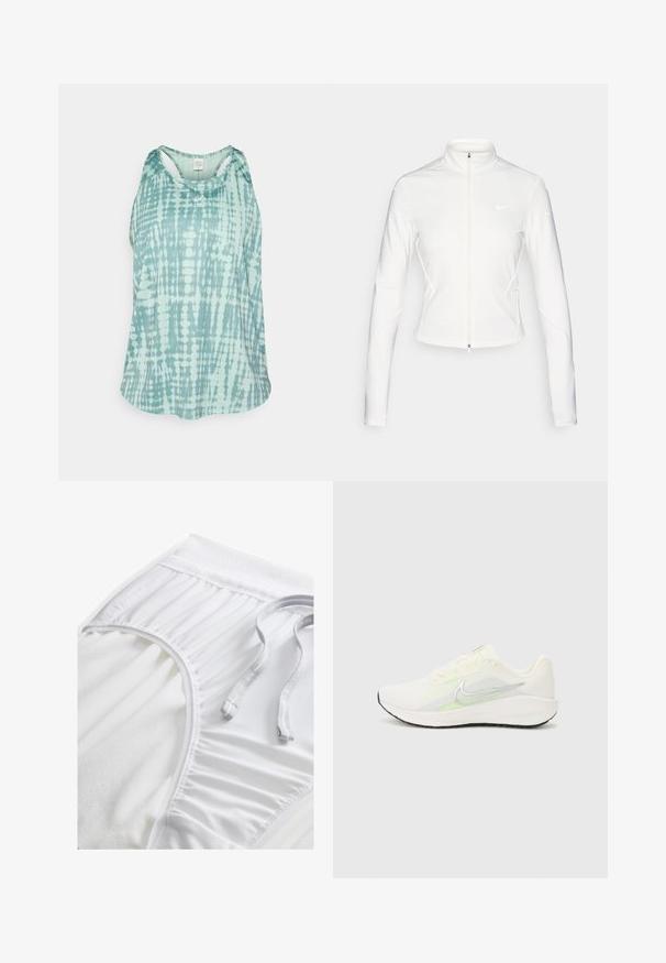 Hvit zip-up jakke laget av glatt, stretchy stoff. Har lange ermer, høy krage og reflekterende logo-detaljer på brystet og ermene.; Lyseblå og hvit tie-dye ermeløs treningsbluse med racerback og liten logo på brystet, vist på hvit bakgrunn.; Hvite treningse shorts med strukturert midjebånd, samlede side detaljer og flat snøring. Myk stoff med glatt overflate.; Nike Performance DOWNSHIFTER 13 - Løpesko for vei - sail/silver-coloured photon dust/summit white/barely volt/black