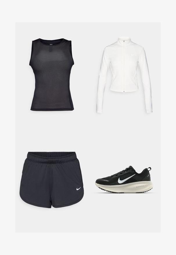 Hvit zip-up jakke laget av glatt, stretchy stoff. Har lange ermer, høy krage og reflekterende logo-detaljer på brystet og ermene.; Svart ermeløs prestasjonsbluse laget av teksturert nettingstoff. Har rund hals, tettsittende design og minimale sømdetaljer.; Svarte treningsshorts laget av lett, pustende stoff. Har elastisk linning og hvit Nike-logo nederst til høyre.; Svart Nike løpesko med pustende mesh-overdel, hvit swoosh-logo, teksturert detaljer og en kremfarget ZoomX mellomsåle.