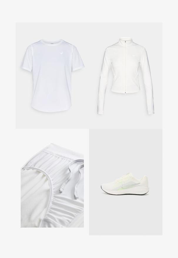 Fehér cipzáras dzseki sima, rugalmas anyagból. Hosszú ujjak, magas gallér és fényvisszaverő logó részletek találhatók a mellkason és az ujjakon.; Fehér sportpóló, rövid ujjú, kerek nyakkivágású, nedvesség-elvezető anyagból készült, apró logóval a mellrészen, könnyű textúrával.; Fehér sportnadrág texturált derékpánttal, ráncolt oldali részletekkel és lapos húzózsinórral. Puha anyag sima felülettel.; Nike Performance DOWNSHIFTER 13 - Utcai futócipők - sail/silver-coloured photon dust/summit white/barely volt/black
