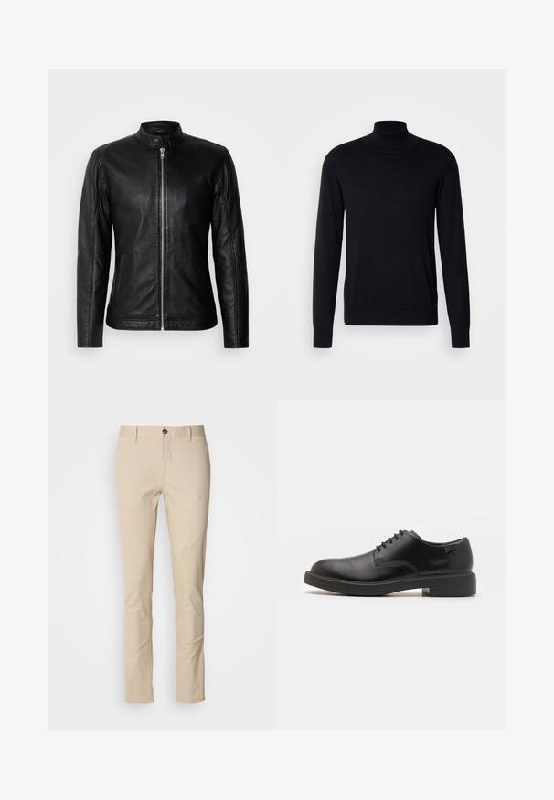 Sort læderjakke med opretstående krave, frontlynlås, sidelommer og tætsiddende design. Glat tekstur og elegant finish.; Sort tregnet trøje lavet af blødt stof. Har lange ærmer, ribbestrikket krave og manchetter, samt en glat overflade uden mønstre.; Beige bomuldsbukser med slim fit, der har en knaplukning, subtil tekstur og standardlommer. Enkelt design uden mønstre eller detaljer.; Sorte læder snørestøvle med rund tå, glat tekstur, minimal syning og lav gummihæl. Logo på hælen.