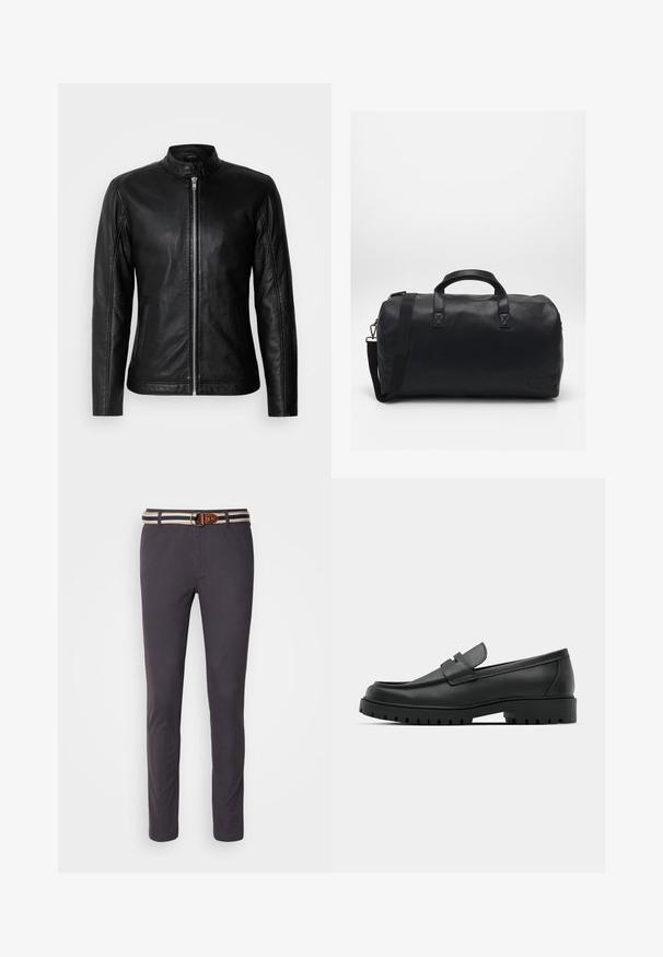Black leather jacket with a stand-up collar, front zipper closure, side pockets, and fitted design. Smooth texture and sleek finish.; Black turtleneck sweater made of soft fabric. Features long sleeves, ribbed collar and cuffs, with a smooth texture and no patterns.; Dark gray chinos with a slim fit, featuring a striped fabric belt with a round metal buckle and brown leather accents.; Black leather loafers with a rounded toe, featuring a stitched design, low platform sole, and a textured, lugged rubber outsole.; Black duffel bag made of textured synthetic material. Features two handles and an adjustable shoulder strap. Simple design with no visible patterns.