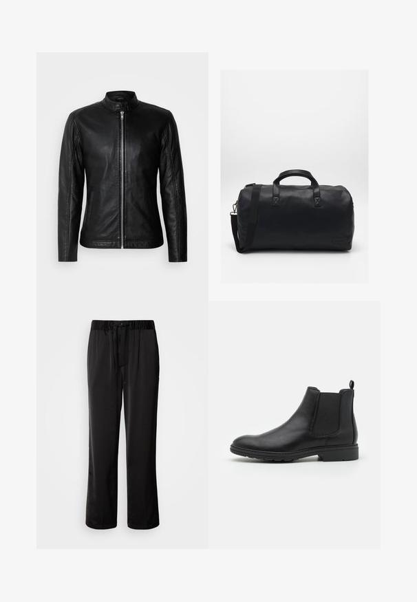 Sort læderjakke med opretstående krave, frontlynlås, sidelommer og tætsiddende design. Glat tekstur og elegant finish.; Sort tregnet trøje lavet af blødt stof. Har lange ærmer, ribbestrikket krave og manchetter, samt en glat overflade uden mønstre.; Sorte, løstsiddende bukser med elastisk talje og justerbar snøre. Glat stof med detaljer ved sidesømmen, ingen lommer.; Sort læder Chelsea-boot med elastiske sidepaneler og en løftestrop, der har en rund tå og en tekstureret gummisål.; Sort duffel bag lavet af tekstureret syntetisk materiale. Har to håndtag og en justerbar skulderrem. Enkel design uden synlige mønstre.